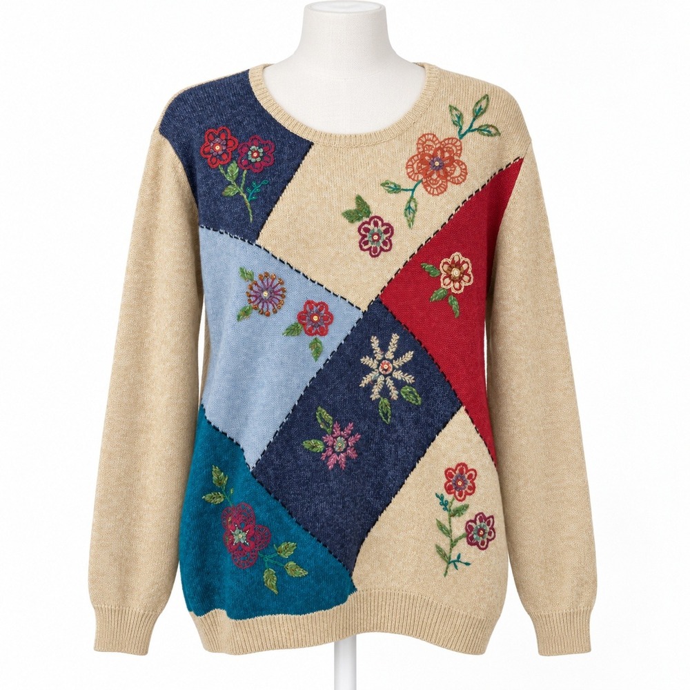 Vintage 90s Patchwork Floral Embroidered Sweater Size XL Cottagecore Fall Retro